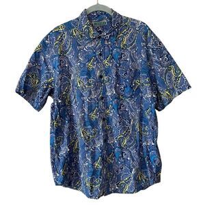 Cubavera Men's Paisley Blue Retro Button Down Short Sleeve Shirt Size Large